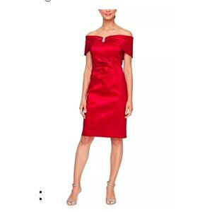 Alex Evenings Red Off-Shoulder Formal Dress Size 12 With Ruched Detail & Embelli